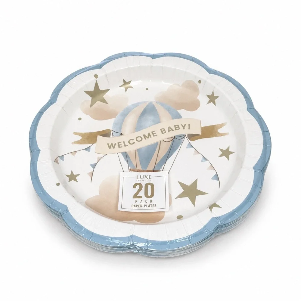 Luxe Collection Welcome Baby Hot Air Balloon Paper Plates 20 Pk Blue Gold 110-82